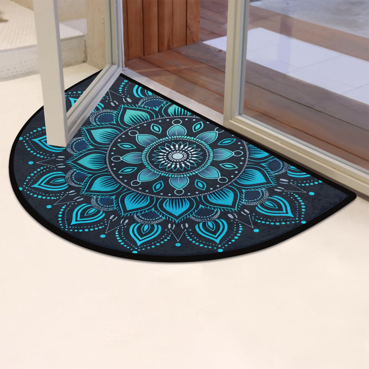 Half Round Doormat Semi Circle Rug Blue Mandala Elegant Non Slip Indoor Outdoor Entrance Half Moon Rug Absorbent Durable Washable Front Floor Mat for Kitchen Bathroom Patio Fireplace (D:vintage Mandala)