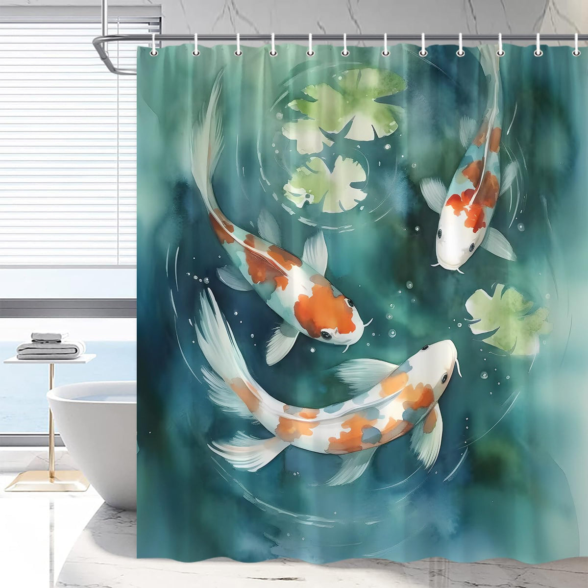 Japanese Fishes Shower Curtain Asian Chinese Zen Garden 84 x 70 in (Green Orange / 84"W x 70"L (Pack of 1))
