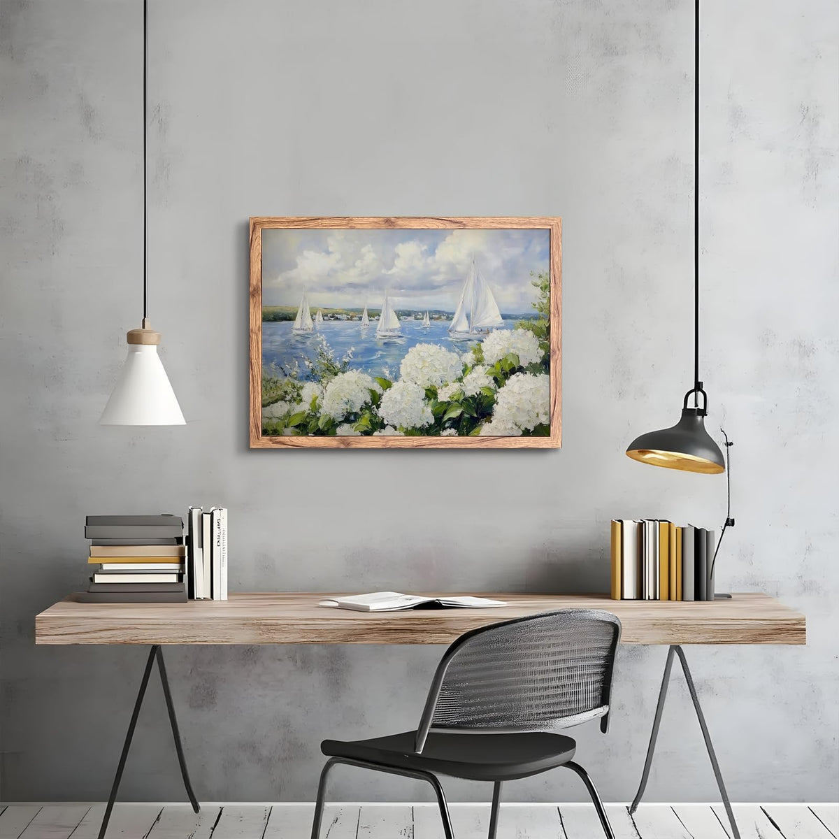 Wood Frame Coastal Wall Art Grandmillennial Preppy Sailboat Posters Nautical Floral Canvas Print Blue White Hydrangea Ocean Painting Cottagecore Wall Decor for Living Room Bedroom 8x12inch (8"L x 12"W / style-5 Wood Framed)