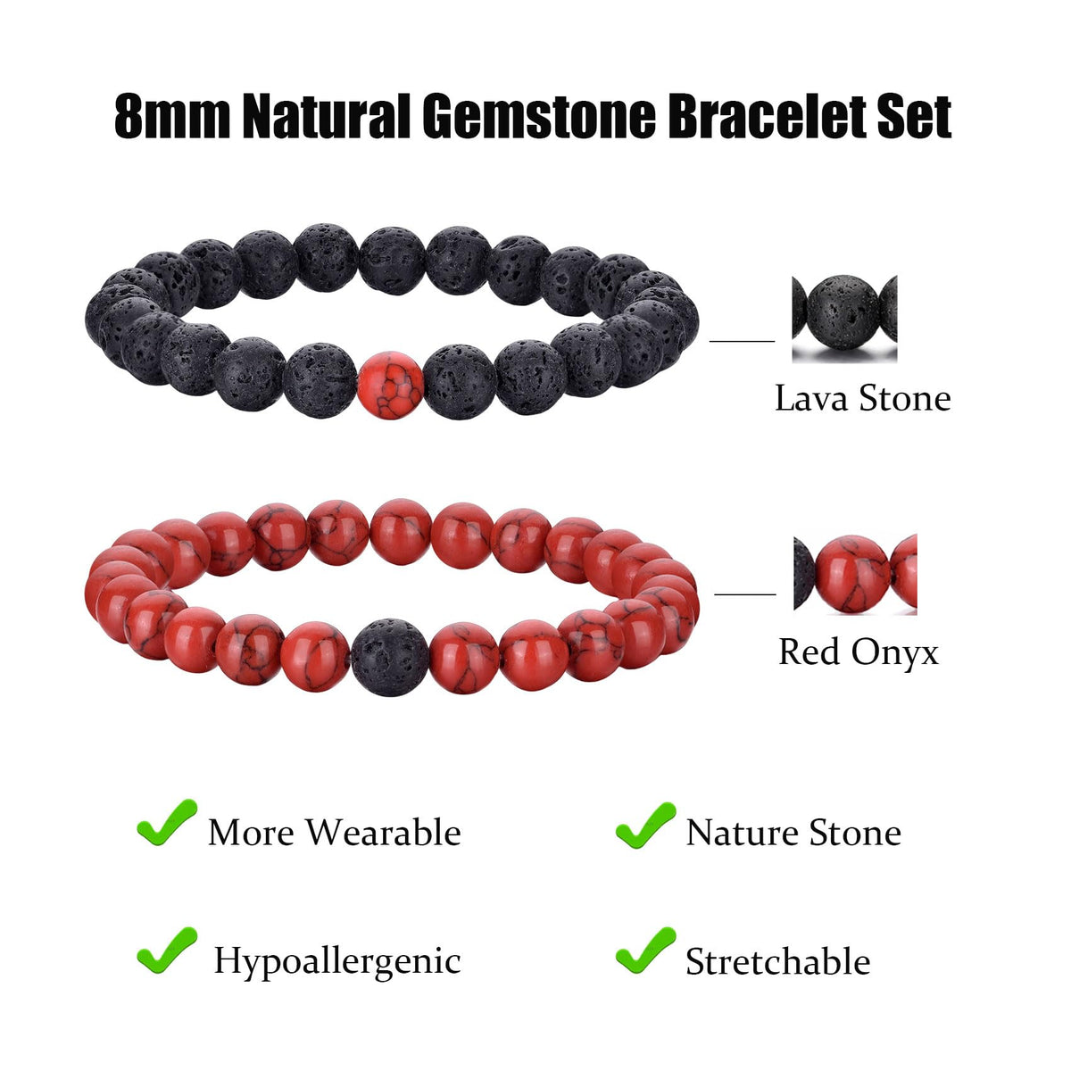 Mens Bracelets 8MM Natural Stone Beads Bracelet Set Stretch Adjustable Beaded Bracelets for Men (2,red,black)
