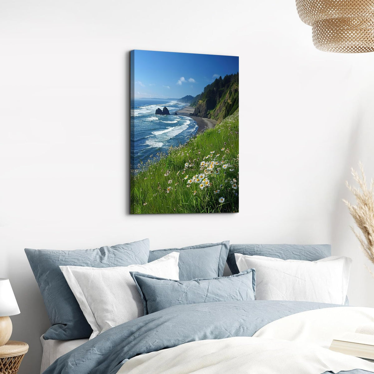 Beach Wall Art Coastal Wall Decor Daisy Flowers Pictures Mountain Cliffs Canvas Prints Blue Ocean Wave Scenery Poster Nature Seascape Painting Artwork for Bedroom Living Room Home Decoration 16x24" (24"L x 16"W / Seaside Cliffs)