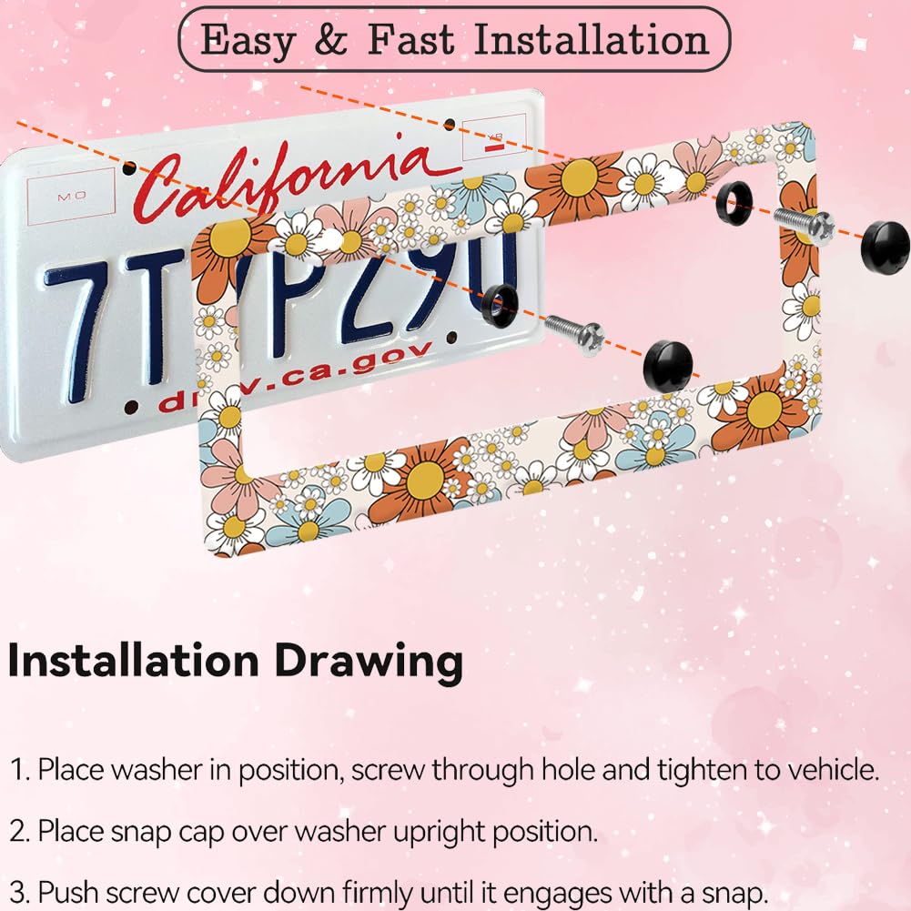 Dasiy Floral License Plate Frame for Women 2Pc Car Decorative Tag (for Floral-Daisy 7 color)