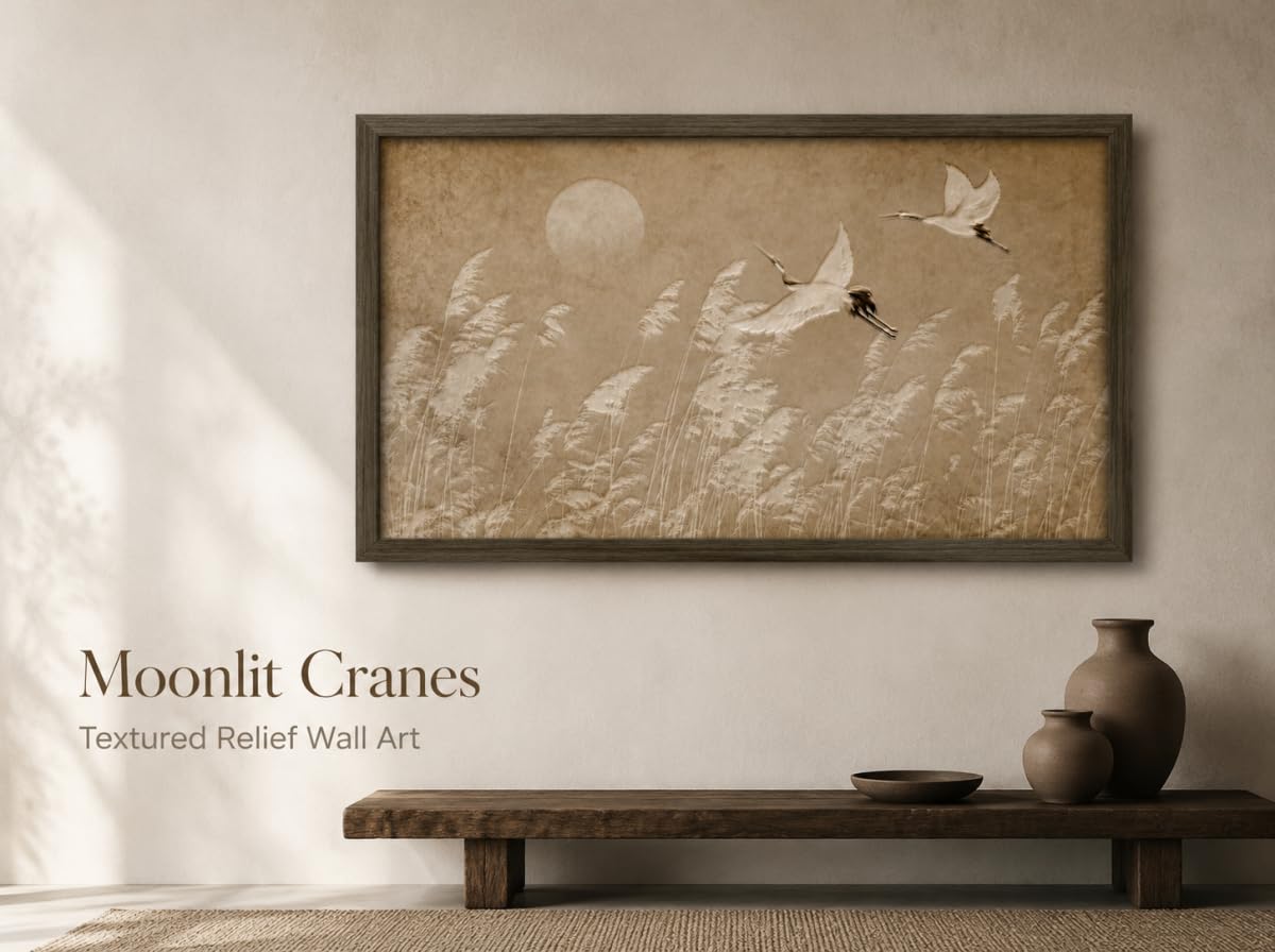 Japandi Flying White Cranes Framed Wall Art Japanese Zen Painting (Crane / 24"L x 12"W)