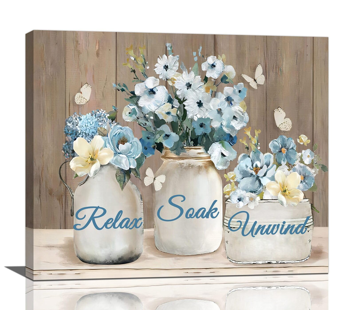 Farmhouse Flower Bathroom Decor Wall Art Rustic Blue Floral Canvas Painting Prints Bathroom Pictures for Wall Relax Soak Unwind Bathroom Signs Modern Artwork Home Decoration for Office 24"x20" (Blue Flower / 24"L x 20"W)