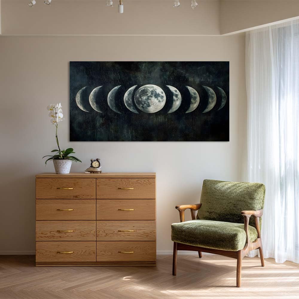 Moon Phase Canvas Wall Art Lunar Cycle Celestial Painting Flat Print Gallery Wrapped Dark Moody Artwork for Living Room Bedroom Bathroom Decor (Mysterious / Black Moon Phases 36 / 58"L x 28"W)