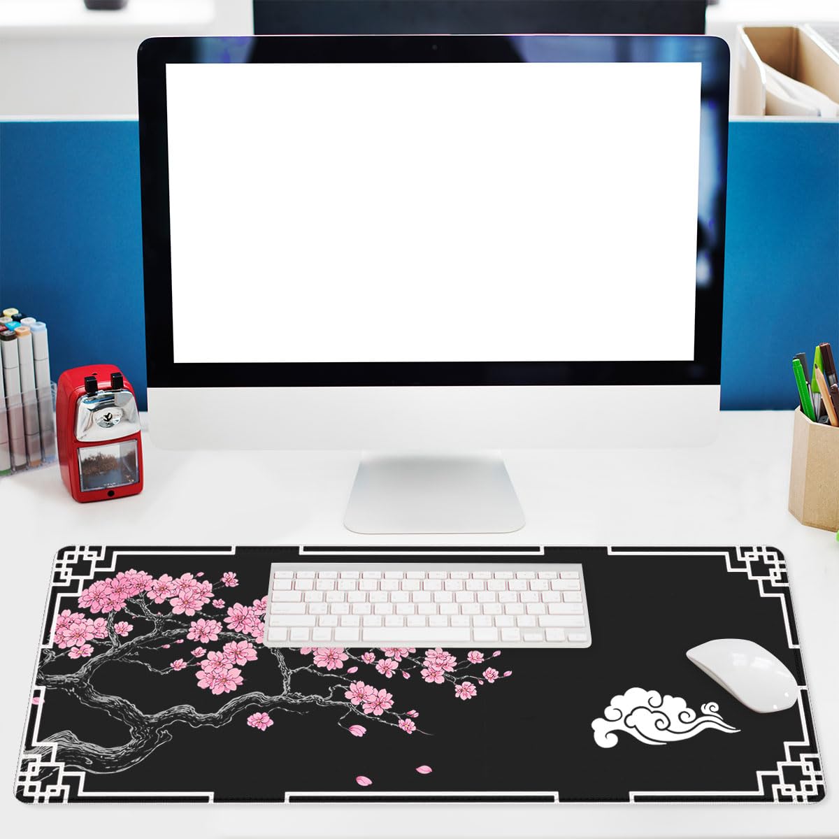 Cherry Blossom Gaming Mouse Pad Oriental Black Zen Art Extended Mousepad Waterproof Stitched Edges Rubber Base Non (31.5" x 11.8" / Cherry Blossom)