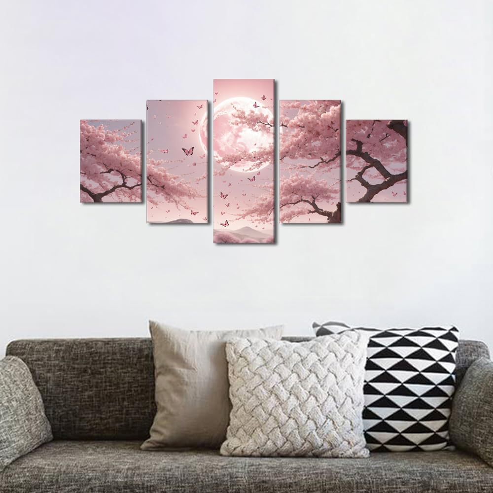 Wall Art Canvas Print Petal Drift Under Lunar Glow Framed Artwork Ethereal Spring Painting Japanese Garden Decor Living Room Wall Display Tranquil Nature Scene 60" Wx32 H (60''Wx32''H / Artwork-11)