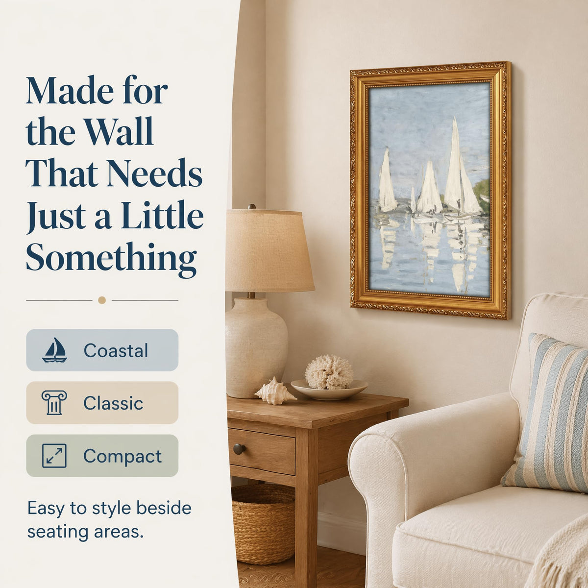 Coastal Sailboat Framed Wall Art Beachy Nautical Landscape Painting Decor (Sailboat / 24"L x 16"W)