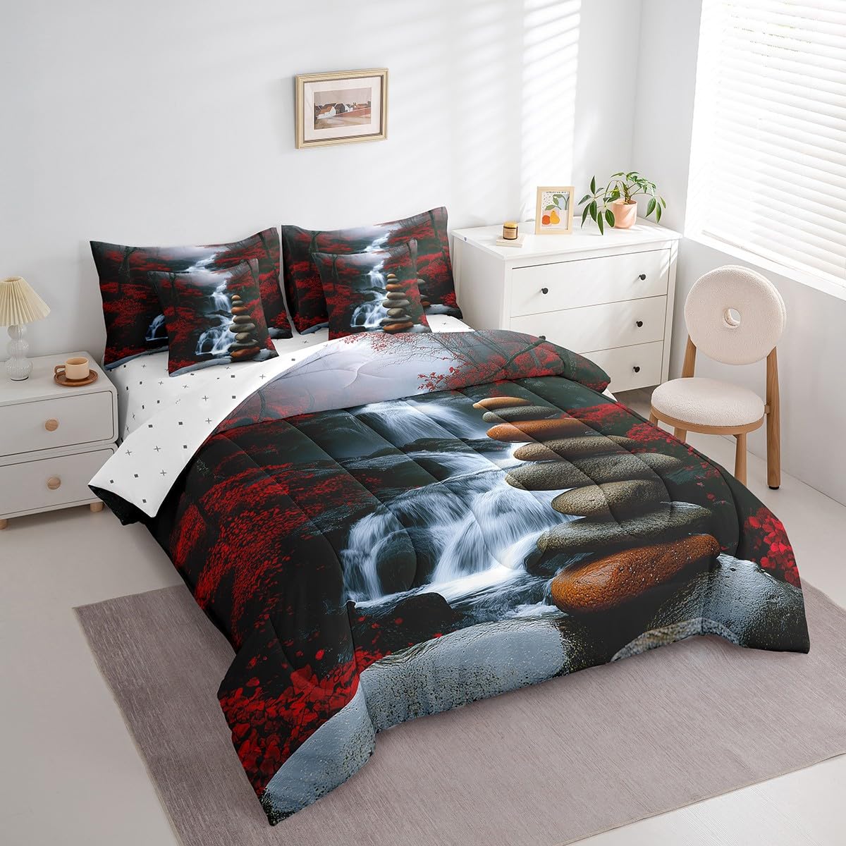Zen Comforter Set with Sheets Full Size Kids Chinese Style Waterfall 7 Piece Bedding Set All Season Teens Nature Scenery Bed in A Bag Breathable Soft Lightweight Black Red Room Decor (Red Carbon Black / Full)