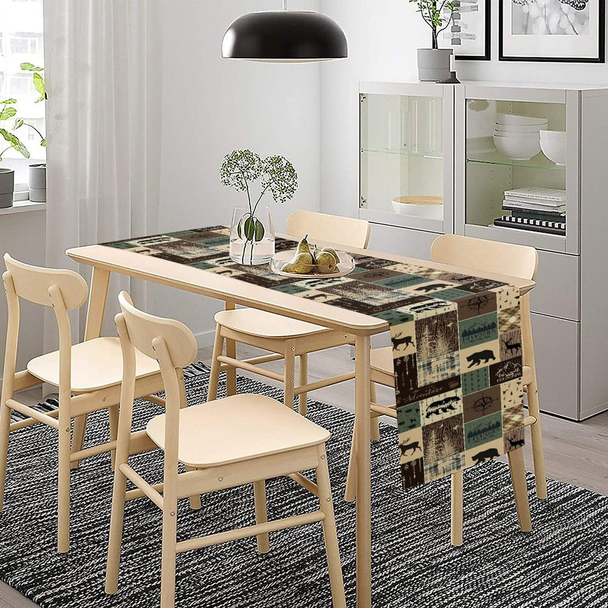 Country Rustic Farmhouse Deer Table Runner Tabletop Cover Vintage Cabin Bear Mountain Hunting Wild Animal Plaid Checkered Printed for Kitchen Dining Room 13x90 Inch (13x90inch / Retrobear-2)