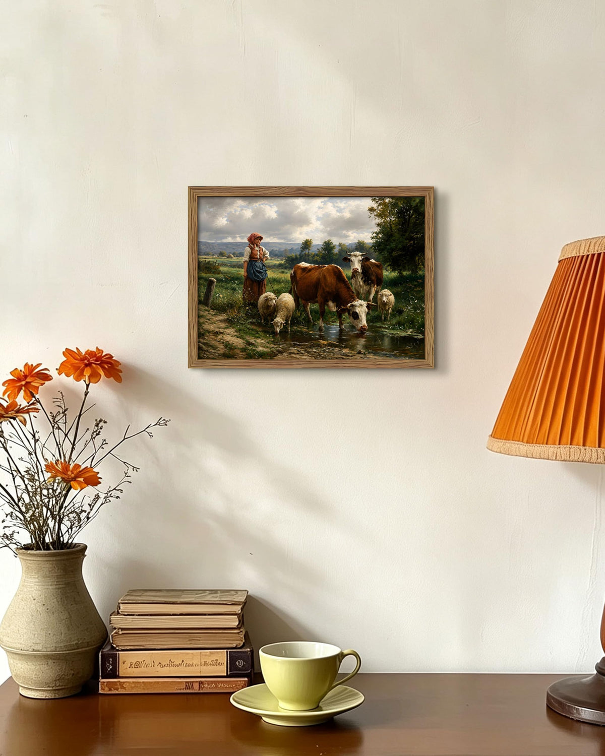 Vintage Pastoral Landscape Framed Canvas Wall Art (B-Herding Cattle / 16"L x 12"W)