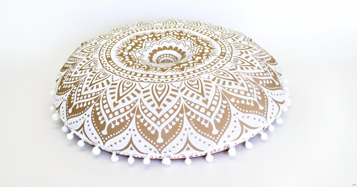 32 Inch Meditation Floor Pillow Cover Round Pillow Seating Hippie Decorative Adults Bohemian Mandala Cushion Cover Outdoor Living Room Throw Ottoman Poufs Cover (White Gold Ombre)