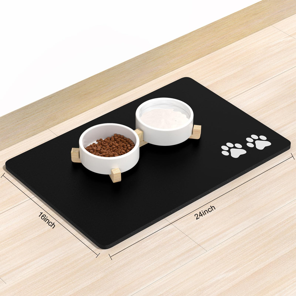Dog Food Mat 16" x 24" Footprint Absorbent Dog Cat Bowl Mat for Food and Water (A-Black Footprint / 16"L x 24"W)