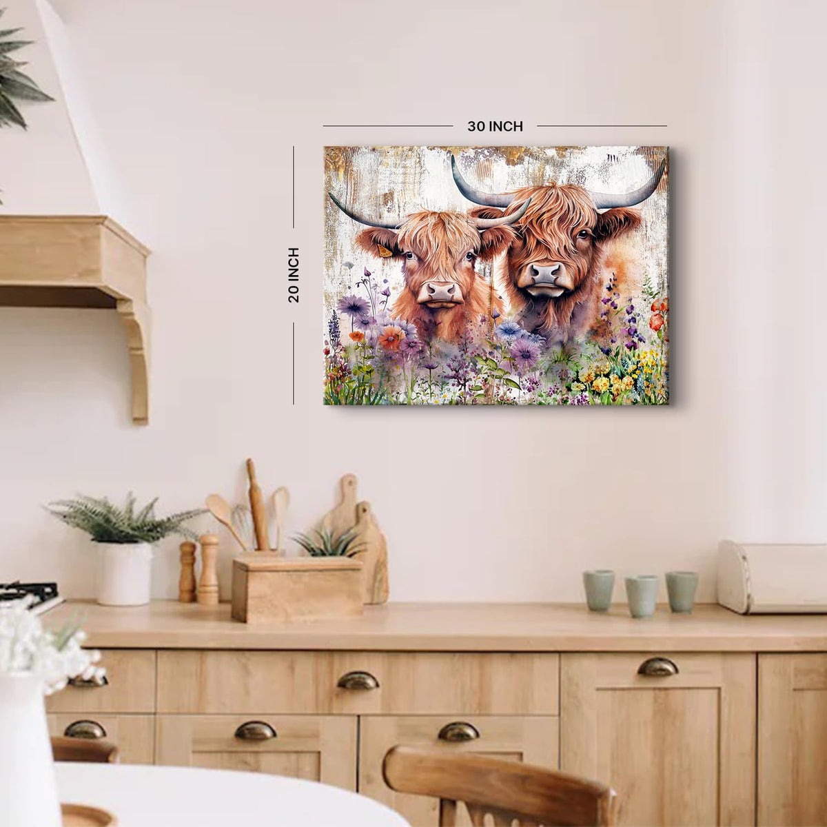 Cute Highland Cow Wall Art Rustic Cows Picture Wall Decor Nursery Room Decor Farmhouse Wildflower Scottish Cow Painting Bathroom Western Country Cattle Poster Artwork for Living Room Decoration 20x30" (30"L x 20"W / Cow)