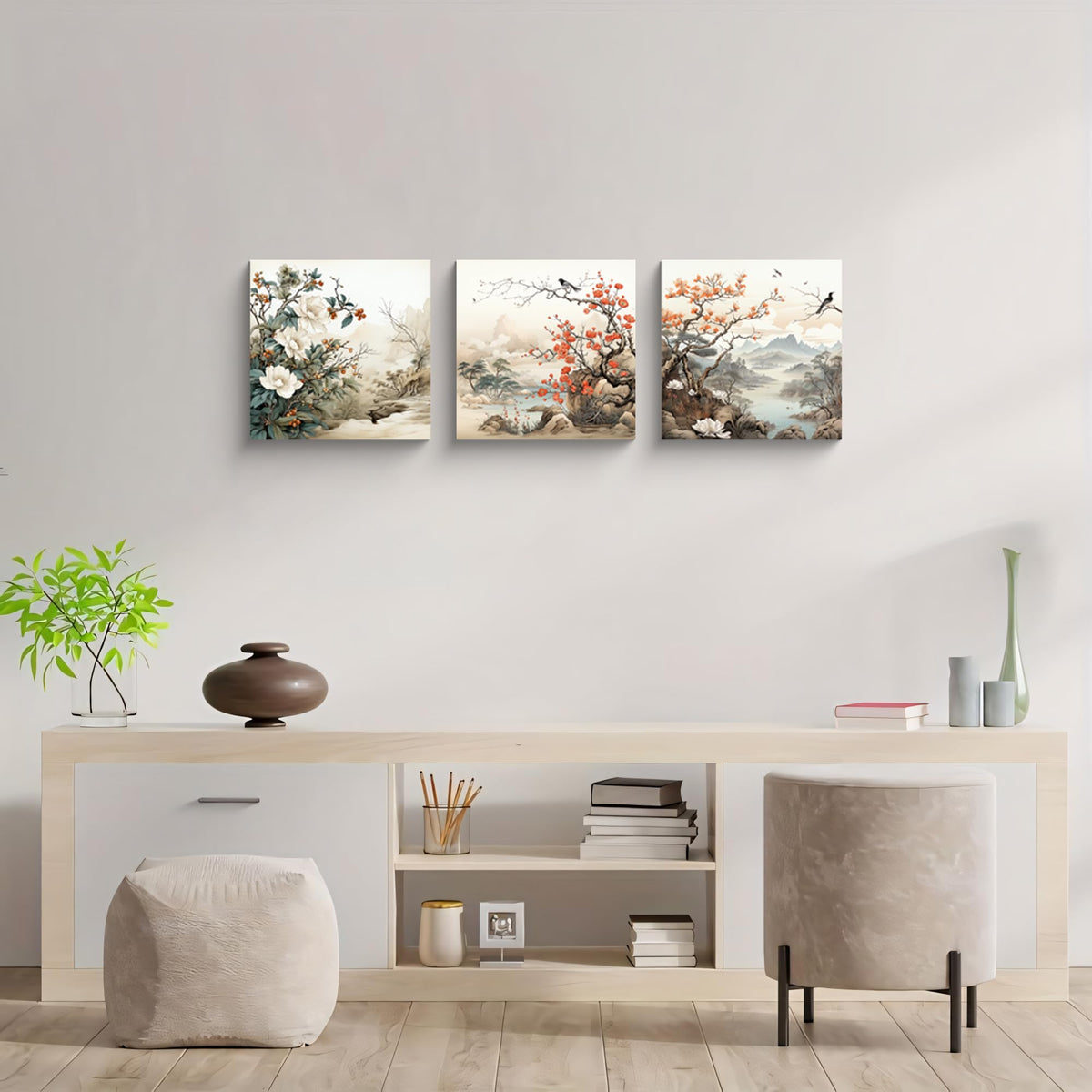 Traditional Chinese Decor Oriental Flowers Birds Canvas Wall Art for Bedroom Floral Wall Decor Framed Artwork Vintage Prints Paintings for Bathroom Kitchen Decorations (Flower and Birds / 12x12 inches (3 pieces))