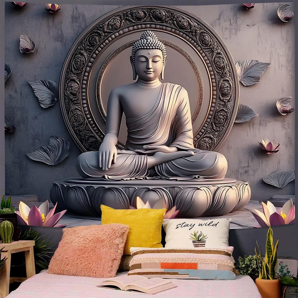 Vintage Sitting Buddha Tapestry Wall Hanging Buddhist Statue Tapestries Lotus Meditation Wall Decor Psychedelic Indian Zen Art for Bedroom Living Room Home Decor (Grey2 / 59"L x 51"W)