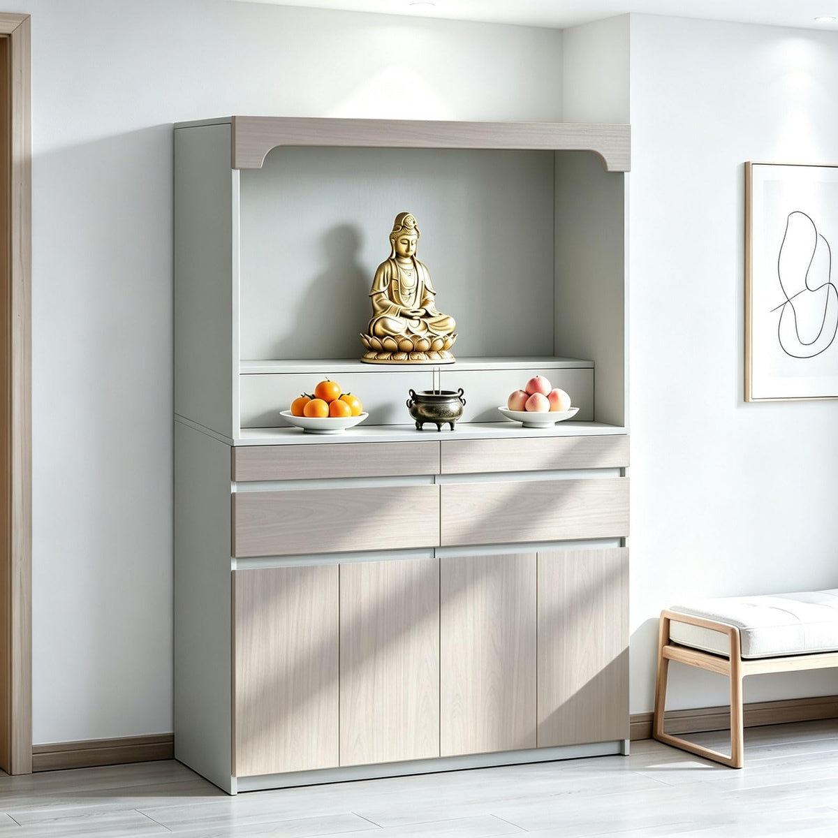 Altar Table Pooja Cabinet with Drawers and Storage Cabinets (55.1×15.7×65.4in / Light Gray+light Gray Wood Tone)