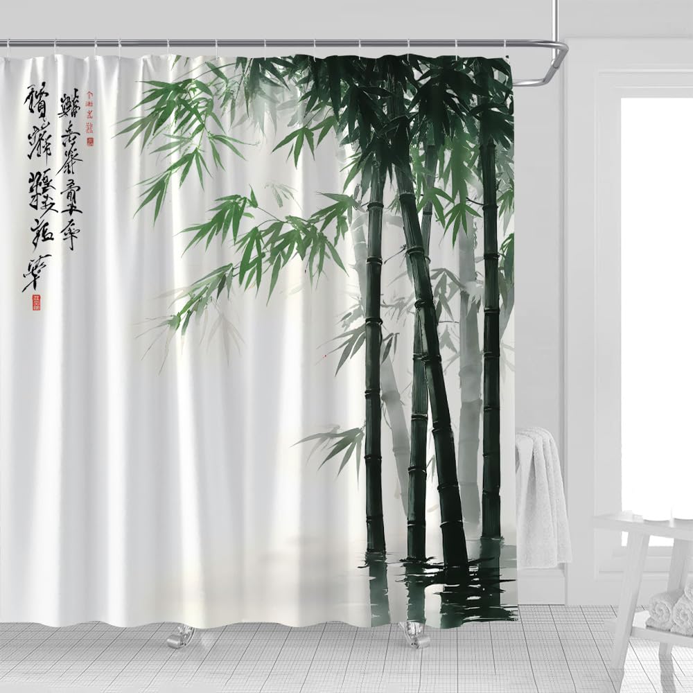 Bamboo Shower Curtain Retro Bamboo Forest Green Black Leaf Vintage Asian Japanese Ink Painting Zen Spa Relaxing Fabric Bathroom Decor Curtains with Hooks (Green / 70"W x 90"L (Pack of 1))