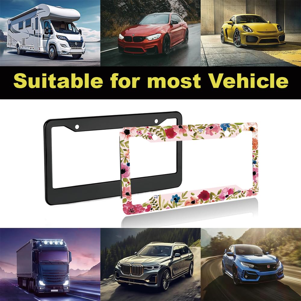 Pink Abstract Flowers License Plate Frame for Women 2Pc Car Tag (for Floral-Artistic)