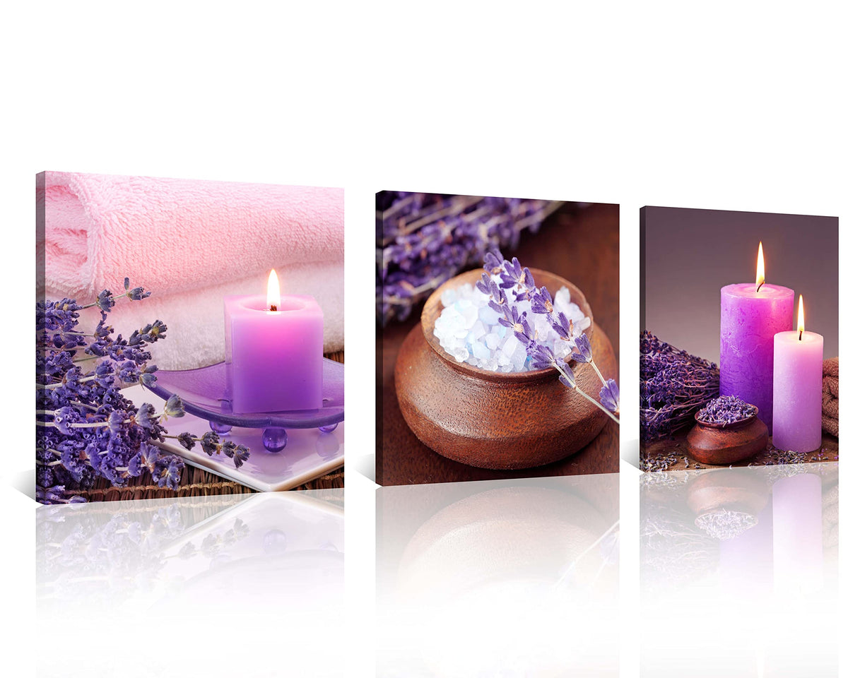 Zen Canvas Wall Art Spa Still Life with Purple Aromatherapy Candles and Zen Stone Aroma Lavender Flower Painting Pictures Print on Canvas Ready to Hang for Bathroom Decoration (14X14inchX3pcs / aromatherapy)
