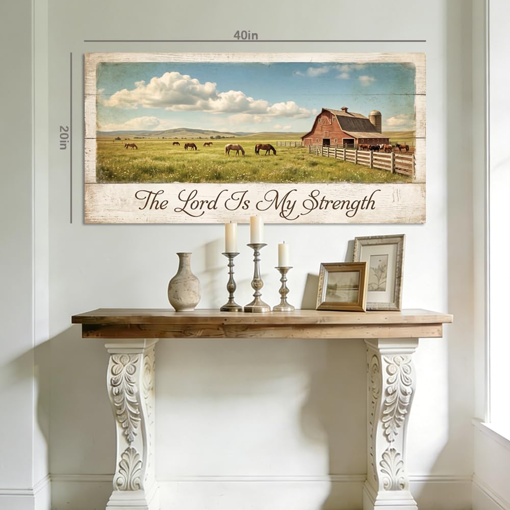 Rustic Countryside Horse Pasture Canvas Wall Art Red Barn Landscape Painting The Lord Is My Strength Christian Print Gallery Wrapped Farmhouse Nature Artwork for Living Room Bedroom Bathroom Decor (Abstract / White Barn Pasture 21 / 58"L x 28"W)
