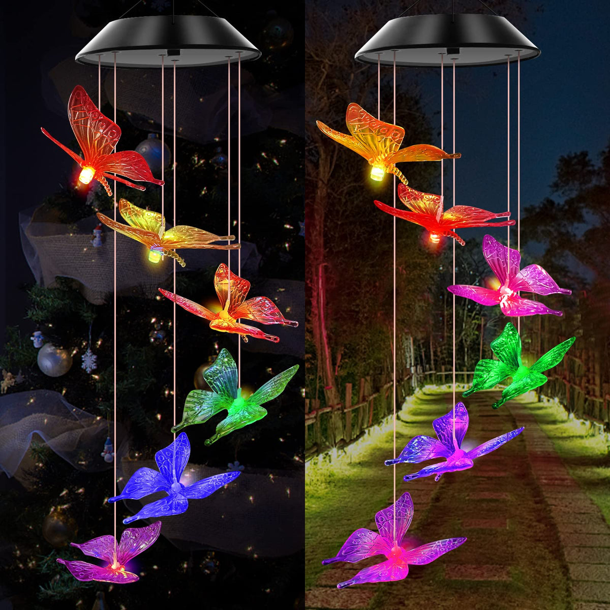 Purple Butterfly Solar Wind Chimes Color Changing Lights Outdoor