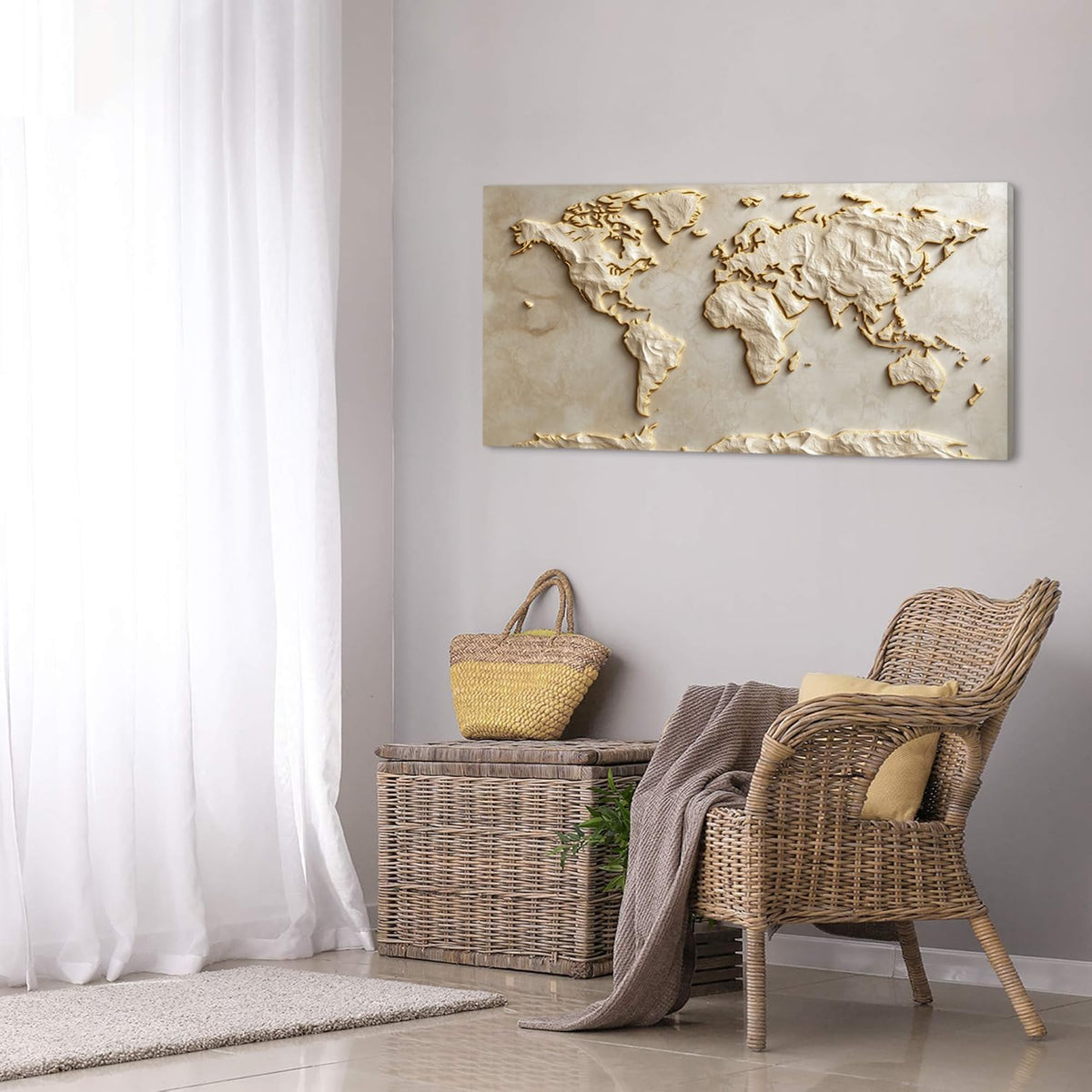 Light Gold World Map Wall Art for Living Room Office Relief (Contemporary / Light Gold World Map Wall Art / 40"L x 20"W)