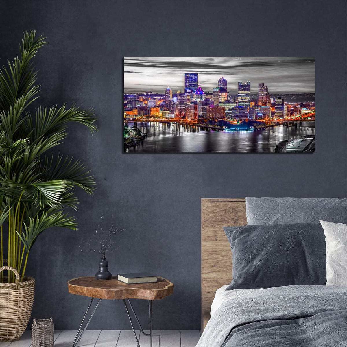 Large Pittsburgh Wall Art Black and White City Skyline Wall Decor for Living Room Office Decor Pennsylvania Night Cityscape Canvas Prints Modern Skyscraper Panoramic for Bedroom Home Decoration 24x48" (48"L x 24"W / Pittsburgh)