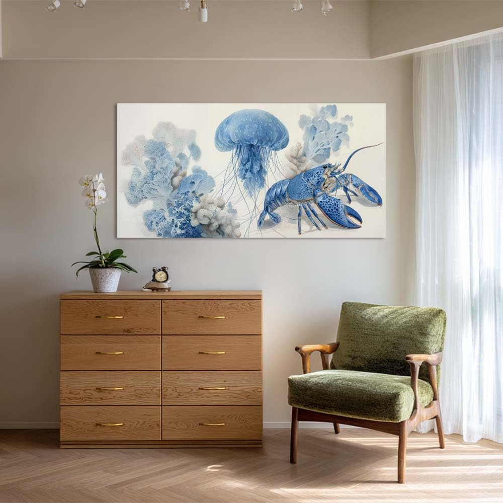 Blue Ocean Animal Canvas Wall Art Lobster Jellyfish Coastal Watercolor Painting Flat Print Gallery Wrapped Artwork for Living Room Bedroom Bathroom Decor (Retro / Blue Lobster and Jellyfish 29 / 58"L x 28"W)