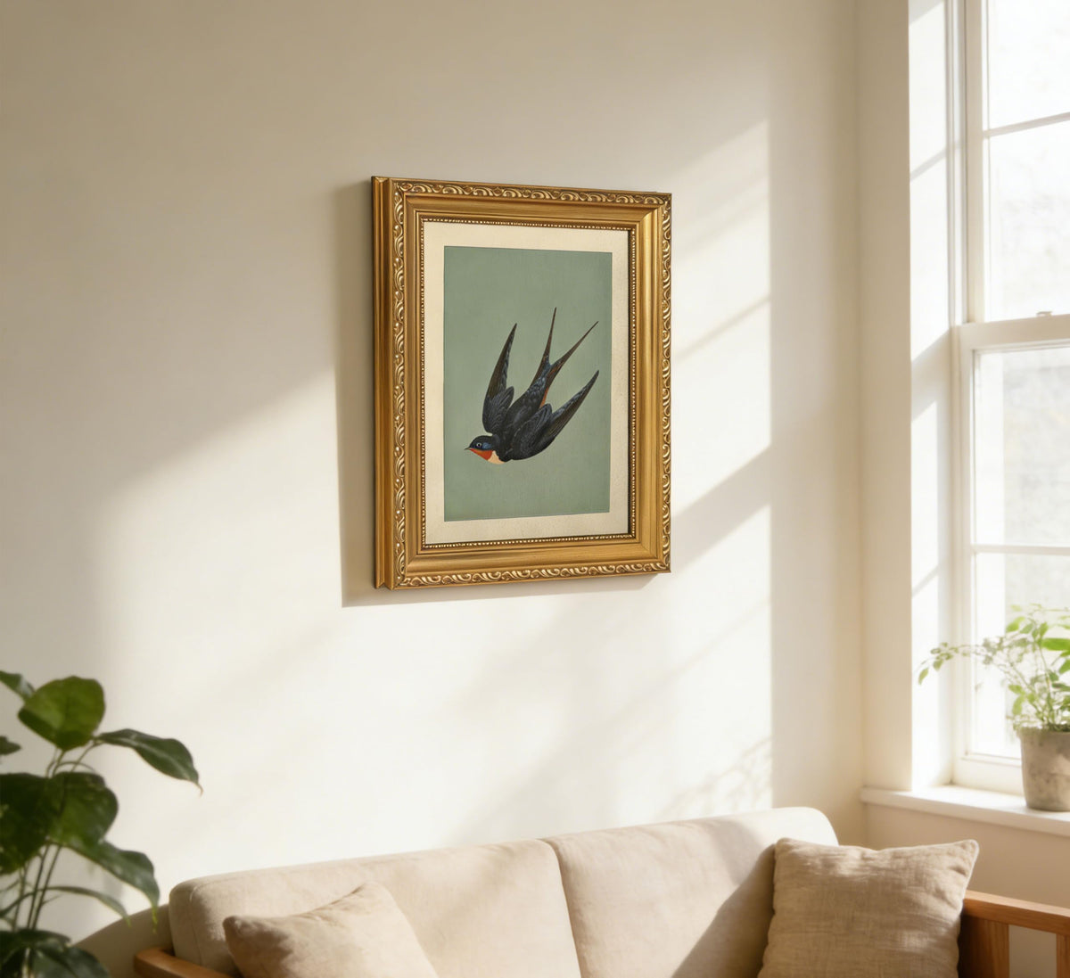 Vintage Gold Framed Swallow Wall Art (Retro Swallow Framed / 24"Lx16"W)