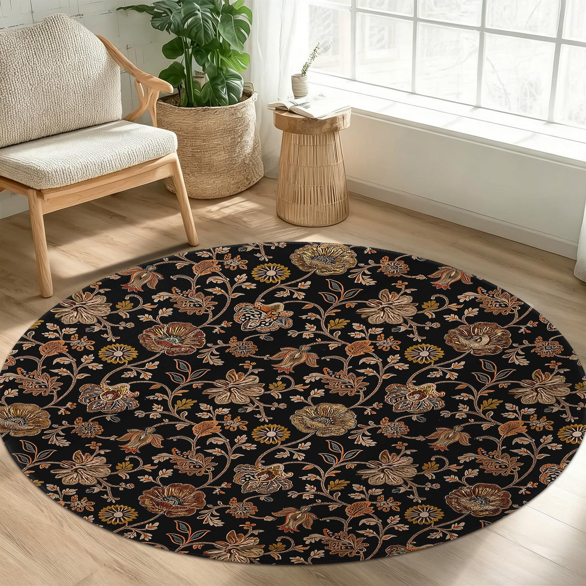 Vintage Floral Round Area Rug 4ft Machine Washable NonSlip Boho Circle Rug (Daily-vintage Floral / 4' (Round))