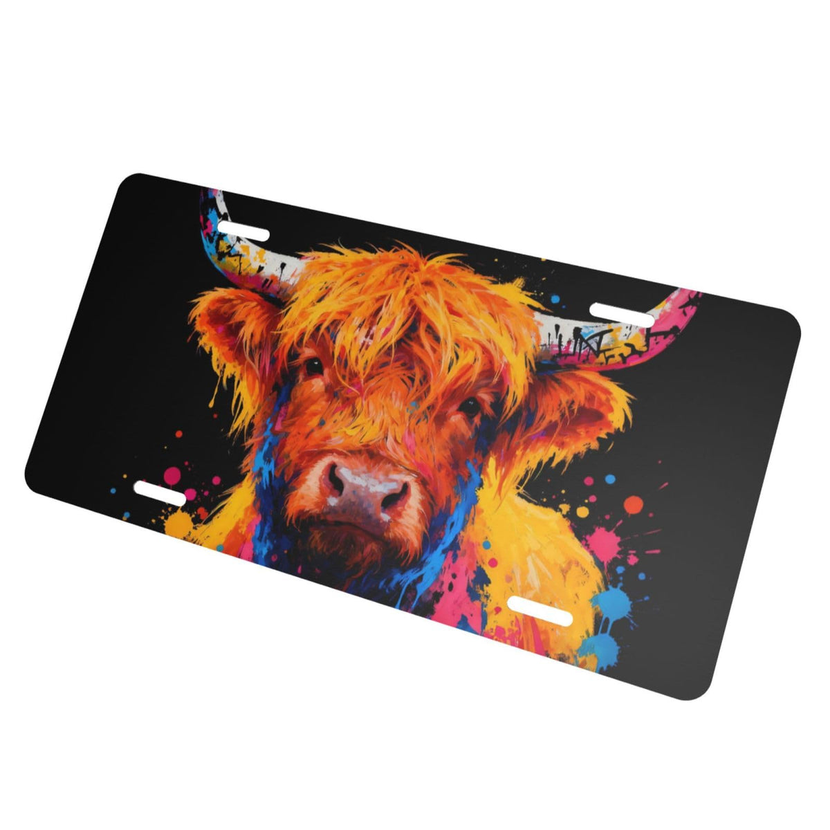 Colorful Splash Cute Highland Cow Front License Plate Aluminum Decorative License Plates Metal Car Plate 6"X12" Novelty Vanity Tag Cover with 4 Holes Car Decor Accessory (Brass / 6 X 12 Inch)