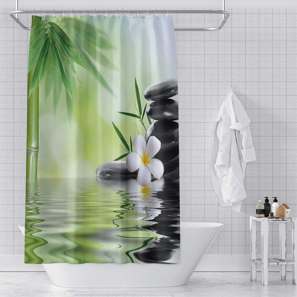 Spa Shower Curtain Meditation and Picture of Bamboo Stalks and Basalt Stones Theraphy Relaxing Waterproof Polyester Fabric Bathroom Decor Set with Hooks 72x84inch (72"W x 84"L (Pack of 1) / Green 03)