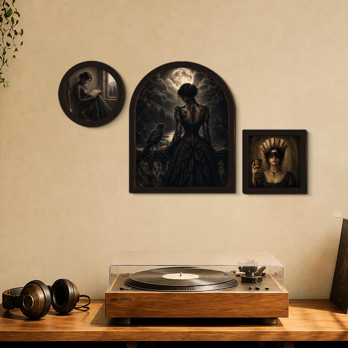3 Pcs Gothic Raven Woman Wall Art Sign Framed Moonlit Victorian Decor (Dark-01)