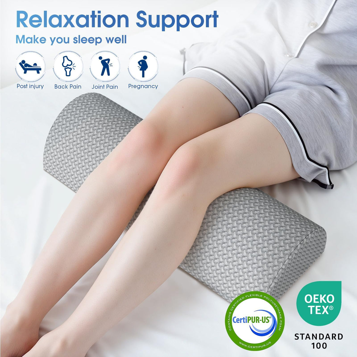 Knee Pillow for Back Sleeping Memory Foam Half Moon Bolster Pillow for Legs (Grey / Large)