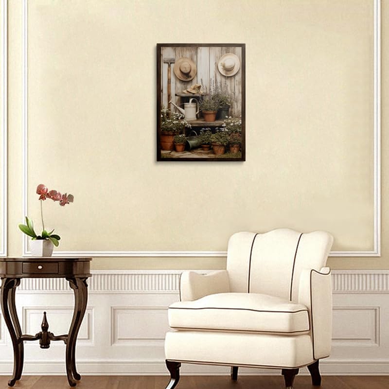 Vintage Garden Still Life Canvas Wall Art Framed Painting Rustic Weathered Wood with Straw Hat Watering Can Lavender Potted Blooms Farmhouse Wall Decor Artwork for Kitchen Dining Room 12x16 Inches (flowerpot / 16"L x 12"W)