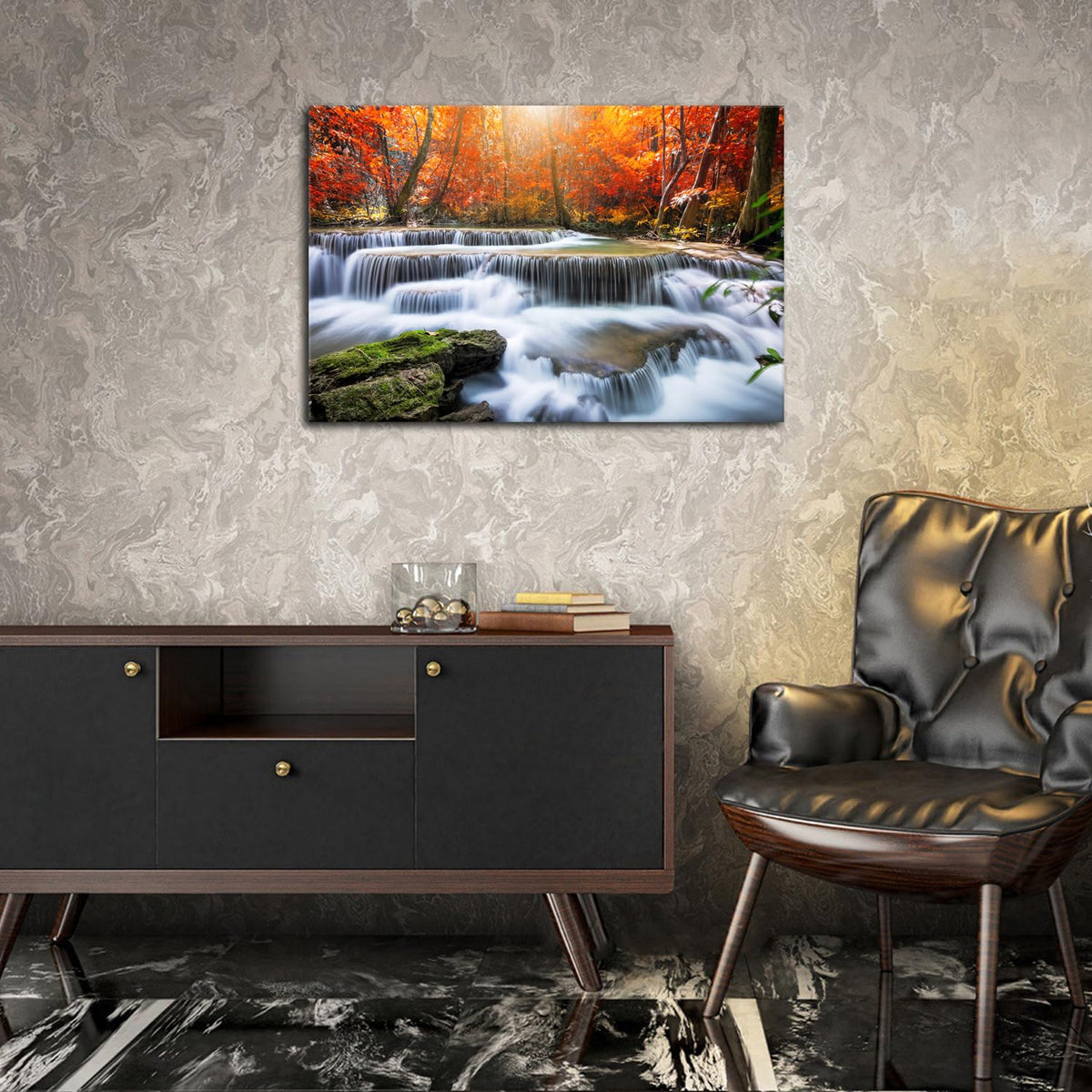 Waterfall Wall Art Nature Forest Mountain Landscape Wall Decor Bathroom Tropical Red Maple Leaves Canvas Prints Living Room Rustic Sunshine Scenery Artwork for Kitchen Office Bedroom Decoration 20x30" (30"L x 20"W / Waterfall Fall)