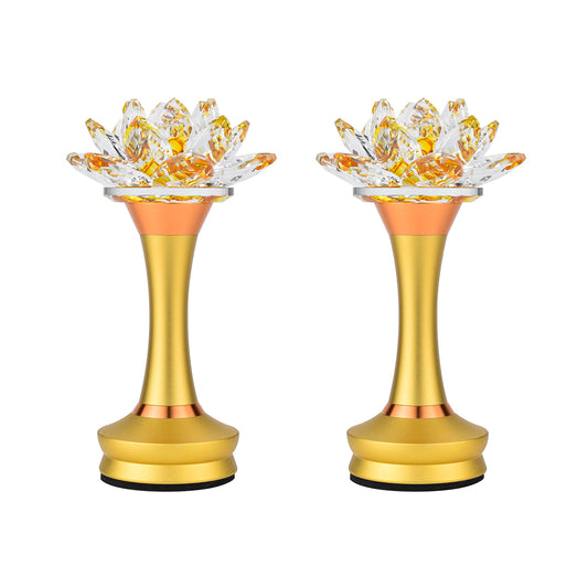 1 Pair Colorful LED Crystal Lotus Buddhist Lamp USB Rechargeable (Deep Gold / 8 inches)