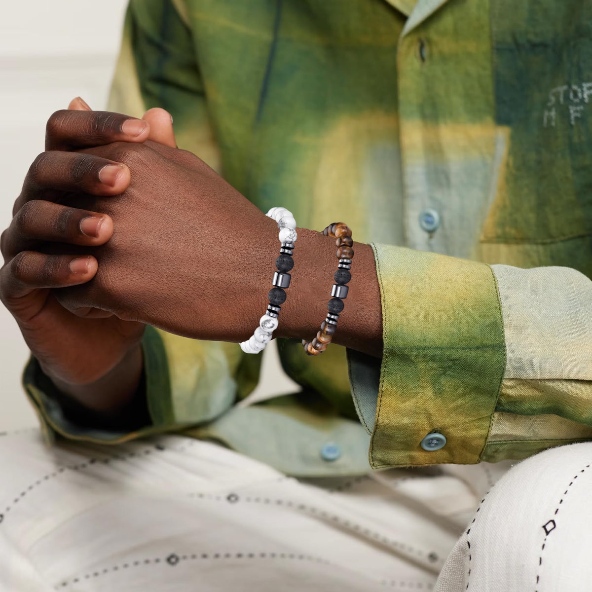 Tiger Eye Bracelet For Men 8MM Natural Stone Beads Bracelet Set Stretch Lava Rock Bracelets Adjustable Black Crystal Beaded Bracelet for Men Women Gifts (4,lava rock,tiger eye,white,black bracelet)