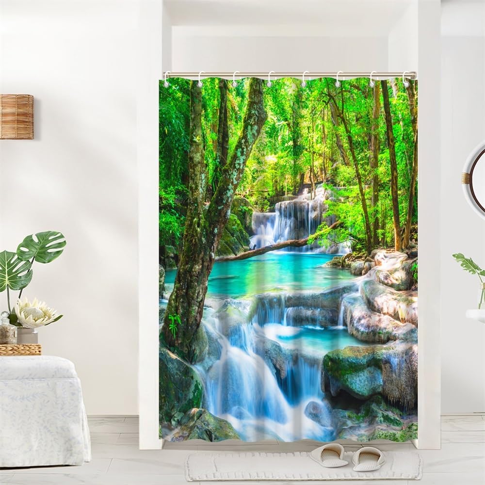 48x72inch Waterfall Shower Curtain Tropic Landscape Stream Flowing Over Rocks in Forest Woodland Nature Scenery Bathroom Set Spring Summer Green Plant Bath Curtain Fabric Polyester with Hooks (48"W x 72"L (Pack of 1) / Green04)