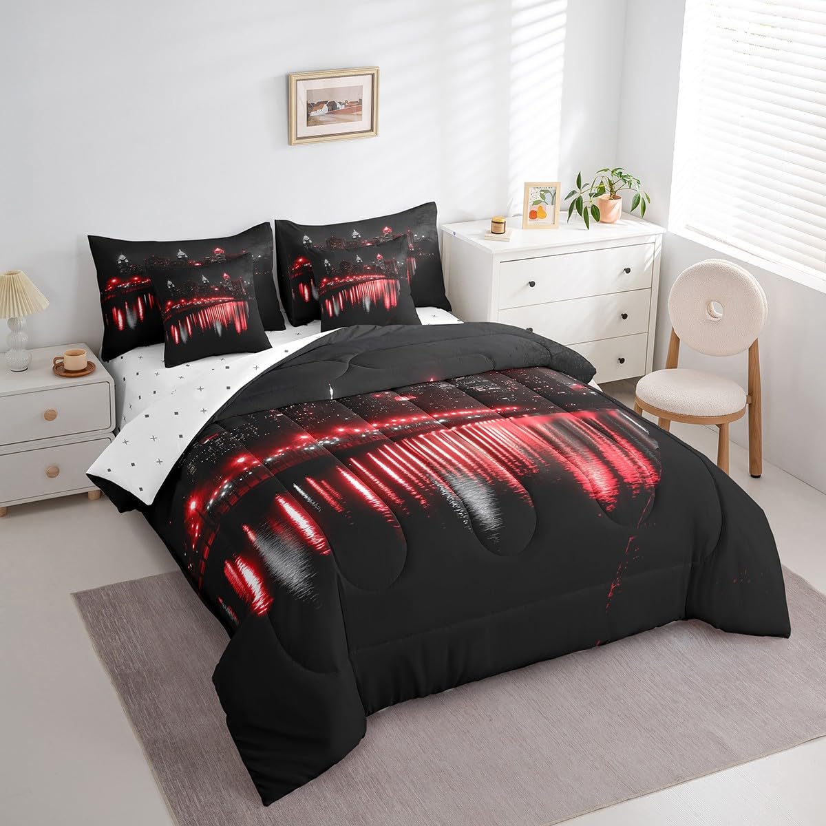 Golden Gate Bridge Comforter Set with Sheets Queen Size Kids Nightscape 7 Piece Bedding Set All Season Teens City Scenery Bed in A Bag Breathable Soft Lightweight Black Red Room Decor (Carbon Black Red / Queen)