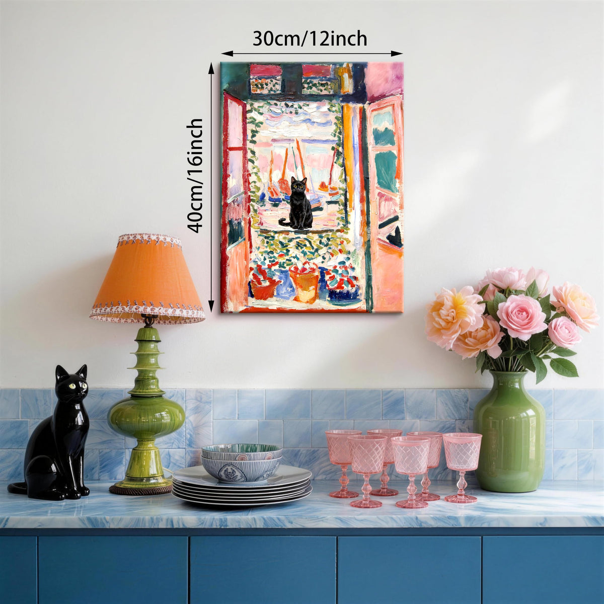 Open Window Black Cat Wall Art Print Henri Matisse Wall Painting 12"x16" (Henri Matisse Open Window / 16"L x 12"W)