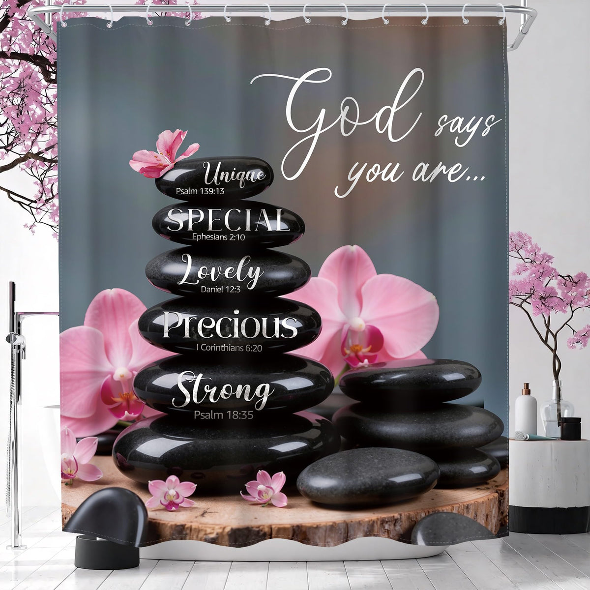 Zen Black Pink Shower Curtain 60Wx72H Scripture Flower Spa Relaxing Meditation Massage Quotes Stone Bible Verse Bath Curtain Fabric Bathroom Accessories Decor with 12 Hooks (D1-black / 60"W x 72"L (Pack of 1))