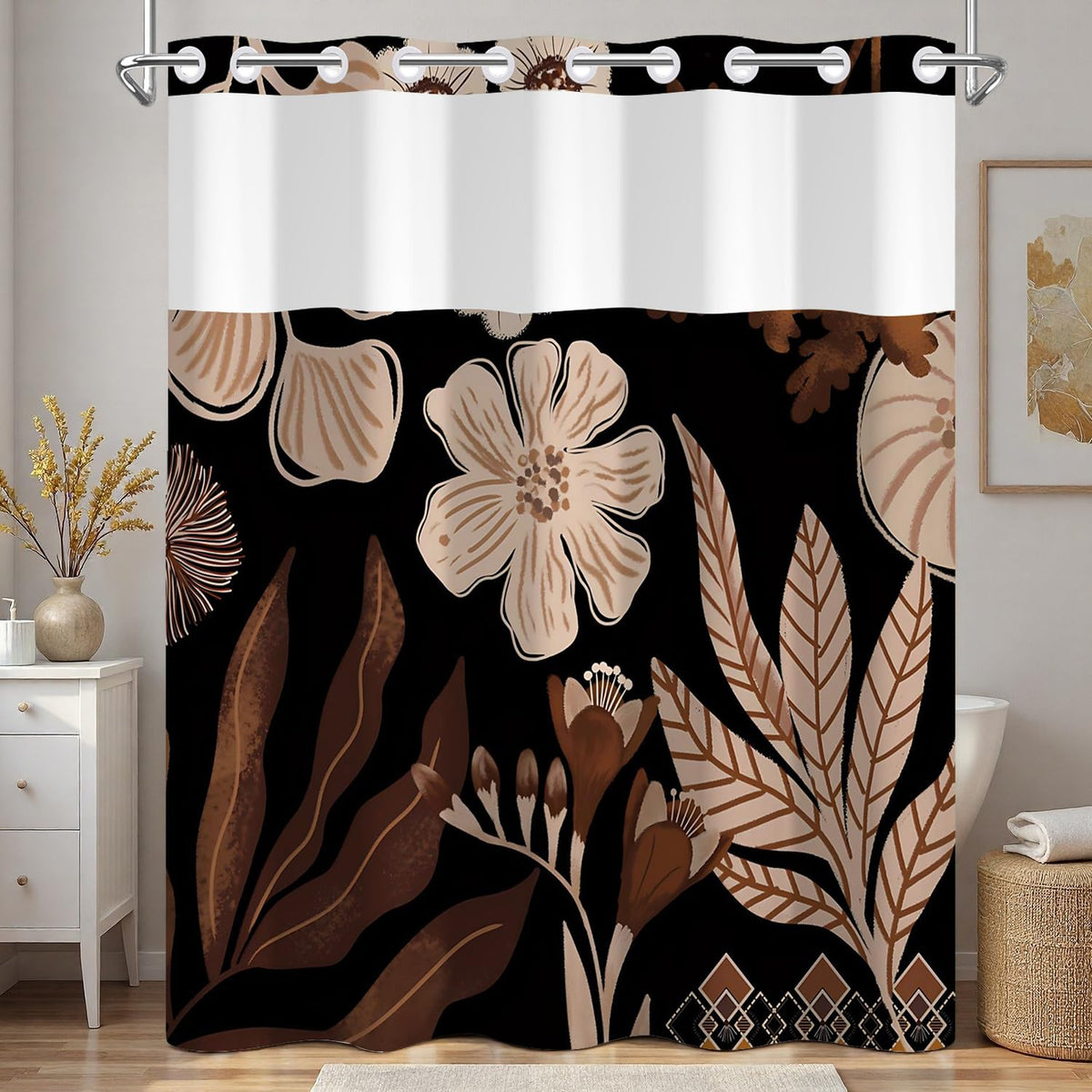 Dark Floral Shower Curtain No Hooks with Liner (Abstract-1)