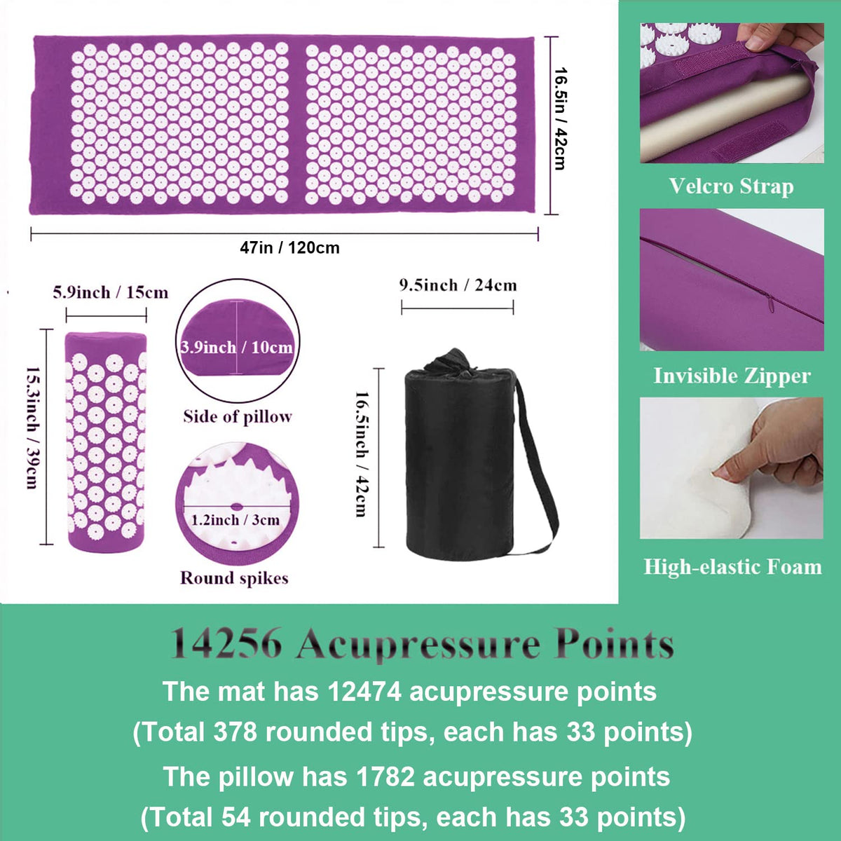 47" Acupressure Mat and Pillow Set with Carry Bag (Purple-large)