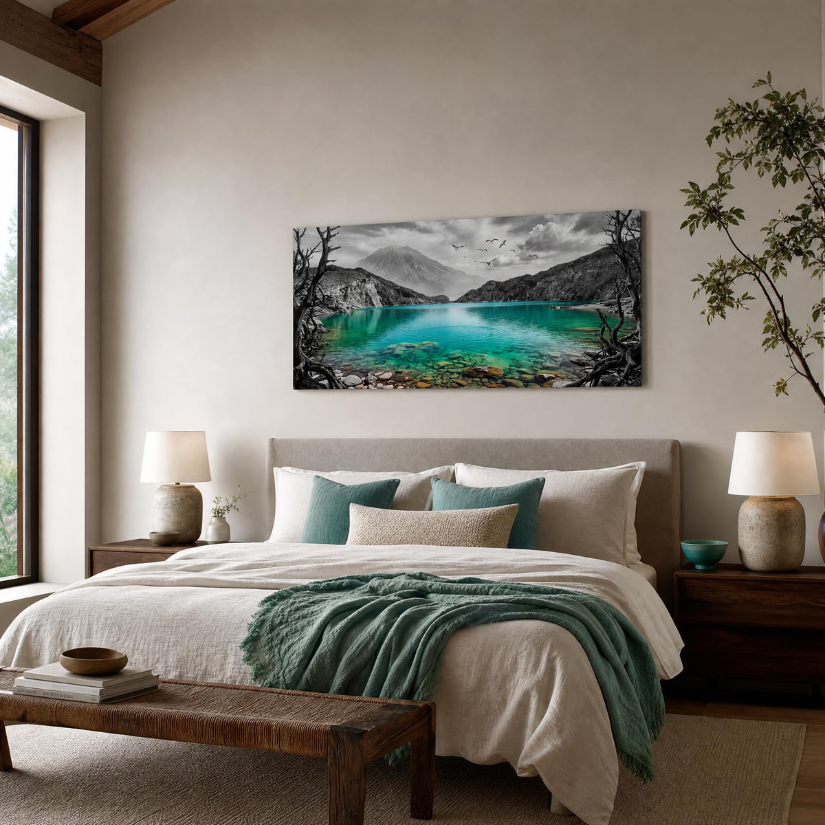 Black and White Mountain Canvas Wall Art Colorful Tropical Floral Lake Landscape Painting Flat Print Gallery Wrapped Artwork for Living Room Bedroom Bathroom Decor (Mysterious / Black Mountain Lake 19 / 40"L x 20"W)