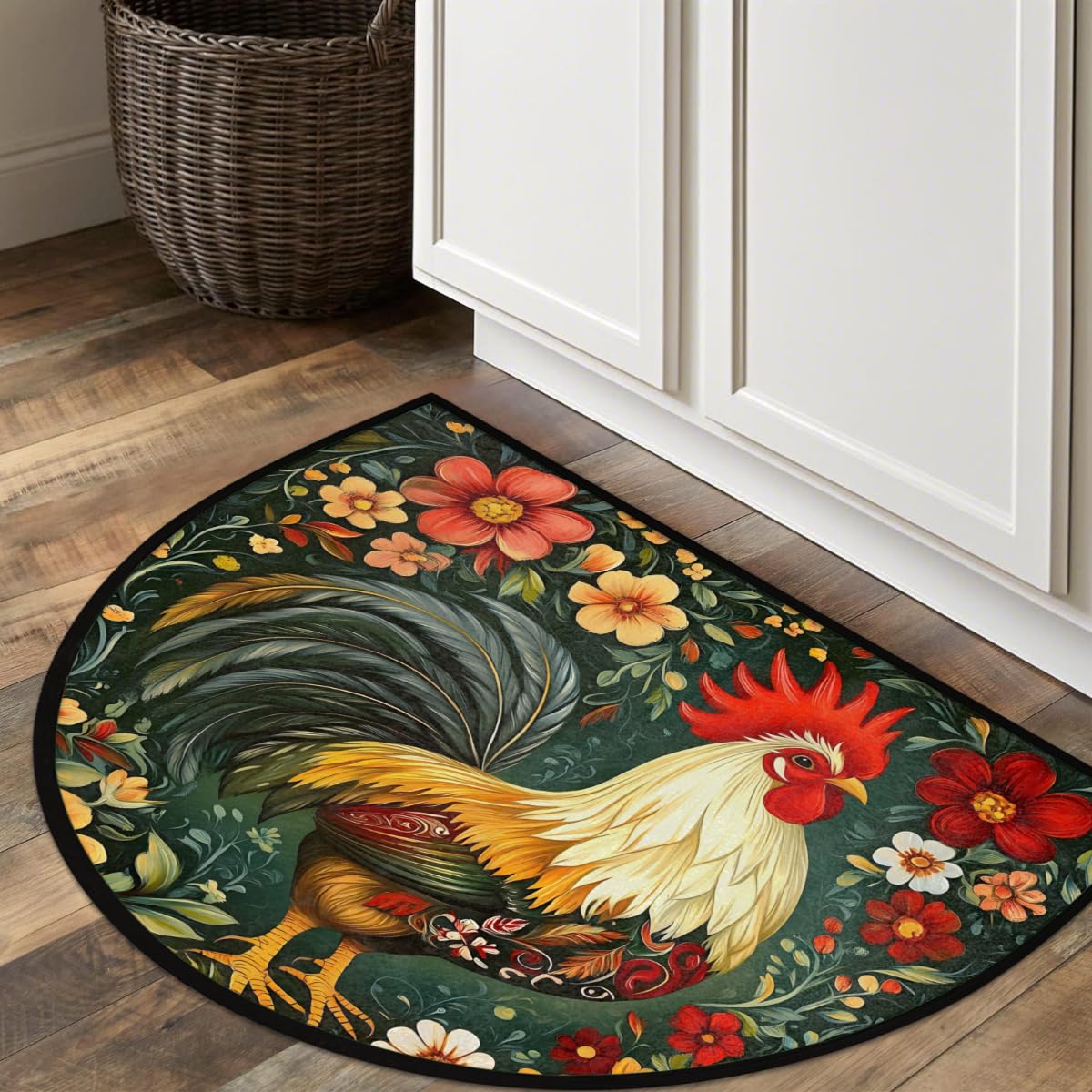 Half Round Doormat Beautiful Rooster Flowers Washable Semi Circle Area Rug Non Slip Half Moon Rug Holiday Decor Mat for Indoor Outdoor Bathroom Kitchen Welcome Fireplace Hearth Floor Mat (D02:rooster)