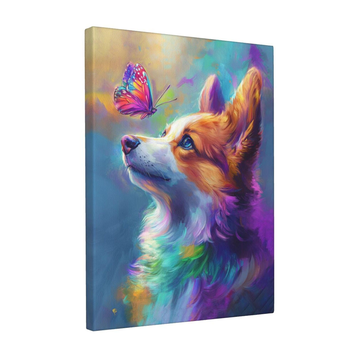 Colorful Corgi Canvas Wall Art Butterfly Painting Framed ArtWork 16"x20" (Colorful Corgi / 20"L x 16"W)