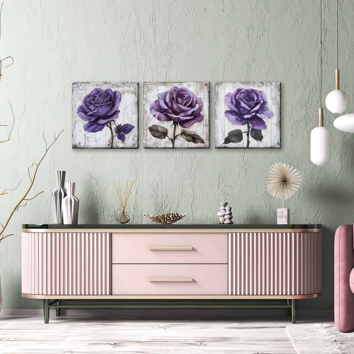 3Pcs Purple Rose Canvas Prints Wall Art Botanical Floral Art Modern Flower Artwork Ready to Hang Textured Wall Art Print Decorative Wall Hanging for Living Room Bedroom Kitchen (20 x 20 inches (3-Piece Set) / Purple Rose)