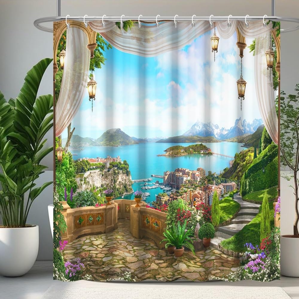 60x72inch Spring Landscape Shower Curtain Vintage Mural Balcony Scenery Bathroom Curtain Bathtubs Decorations 3D Printed Mountain River Natural Scenery Waterproof Fabric Decor with Hooks (60"W x 72"L (Pack of 1) / Green05)
